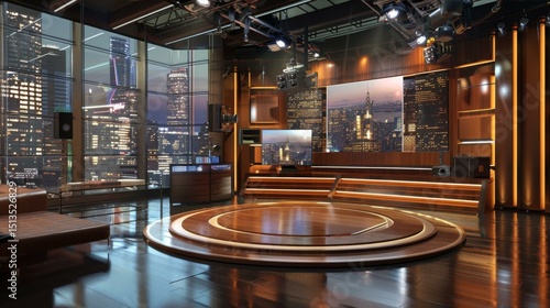 Contemporary TV Studio Set with City View Background for News Program or Interview Production