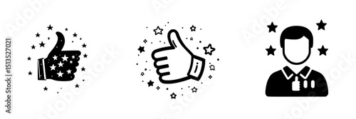 Various black vector thumbs up icons with decorative stars symbolizing approval and positivity in different styles