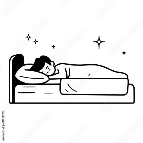 Sleep icon depicting a person resting peacefully on a bed at night in a calm environment