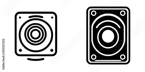 Stylized black vector icons of speakers representing audio technology and sound systems in modern design