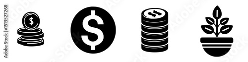 Black vector icons representing money, coins, and plant growth in financial success and investment concepts