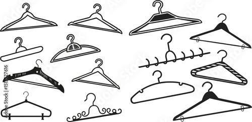 Clothes hanger silhouette vector set coat hangers, closet hooks, plastic and wooden, laundry, garment storage icons