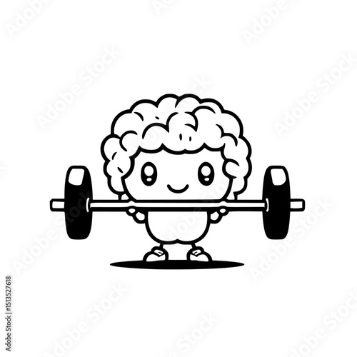 Cute cartoon character lifting weights, showcasing strength and fitness in a fun and playful way