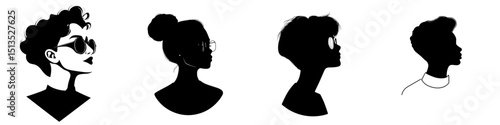 Silhouette icons of stylish individuals showcasing various hairstyles and accessories