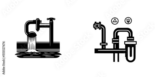 Stylized black vector icons depicting water faucet and piping system symbols for plumbing applications