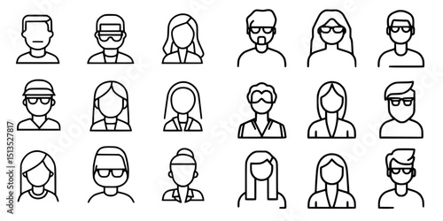 Diverse black vector icons representing various individuals wearing unique accessories and hairstyles in a minimalist style
