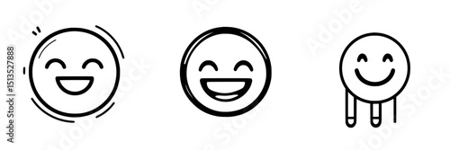 Collection of three black vector icons depicting smiling faces in different styles conveying happiness and positivity
