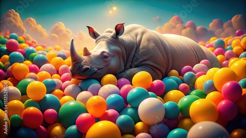 A Serene Rhinoceros Reposing Amidst a Vibrant Sea of Colorful Spheres in a Dreamlike Landscape
