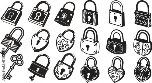 Set of Silhouette of locked and unlocked padlock. Flat design, Set of lock icon, Lock icon with long shadow,