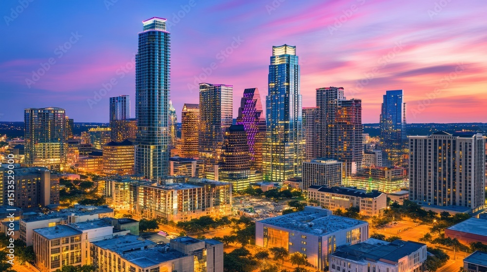 Obraz premium Austin, Texas, skyline at dusk, highlighting the city's modern architecture