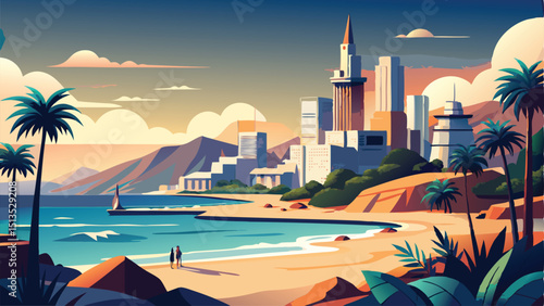 landscape city sea illustration Adobe Illustrator Artwork