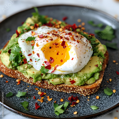 A Crunchy Avocado Toast with Poached Eggs and Chili