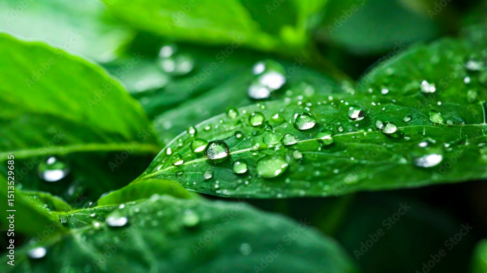 Fototapeta premium Raindrops on bright green leaves, Green Leaves with Dew and Raindrops, Close-Up of Lush