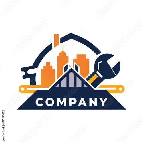 Construction and repair services logo featuring buildings and tools