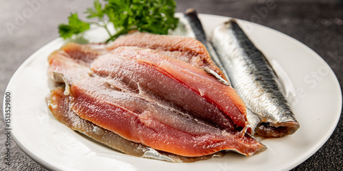 Sardine raw fish fillet seafood anchovy filet fresh delicious gourmet food background on the table rustic food top view copy space pescetarian diet