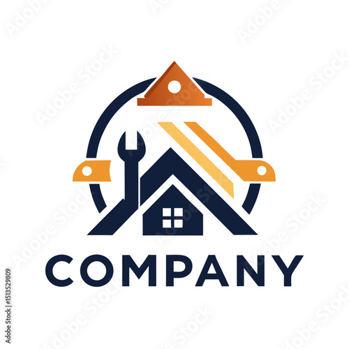 Home repair logo with wrench, tools and house illustration