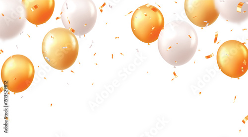 Celebration banner with yellow or orange confetti and balloons