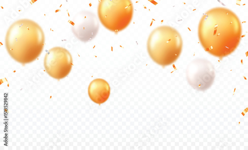 Celebration banner with yellow or orange confetti and balloons