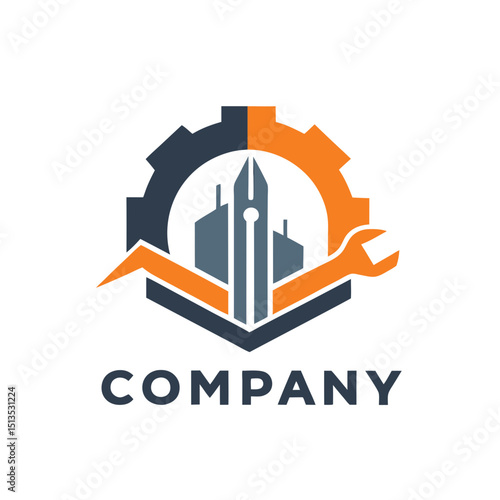 Industrial engineering logo concept with cogwheel wrench and building