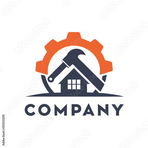 Construction renovation logo depicting house hammer and gear icon