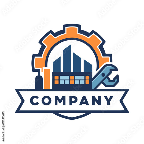 Company logo showcasing buildings gears and maintenance wrench symbol