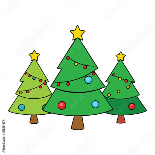 Bright, cheerful cartoonish Christmas trees with colorful ornaments, twinkling lights, and star toppers, spreading festive joy and holiday magic in a playful style.
