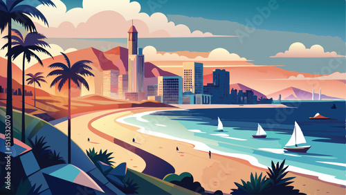 landscape city sea illustration Adobe Illustrator Artwork