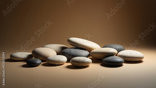 flat round stones of various shades of beige and grey, textured pebbles, nature, earthy, smooth, tranquil, relaxing, zen, close-up, background