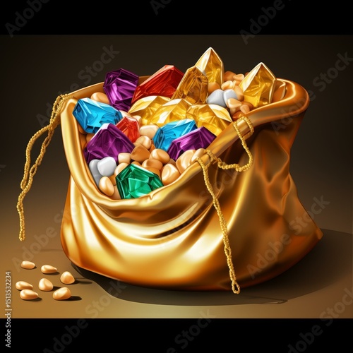 Overflowing Treasure Bag Filled with Gems Golden Riches Colorful Jewels and Precious Stones Abundance