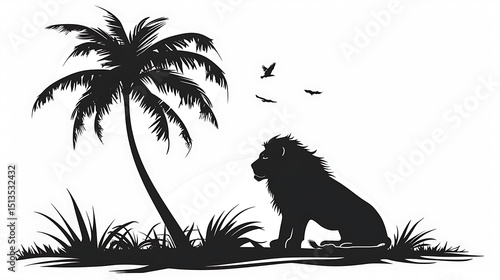 Lion silhouette sitting near palm tree with flying birds isolated on white background
