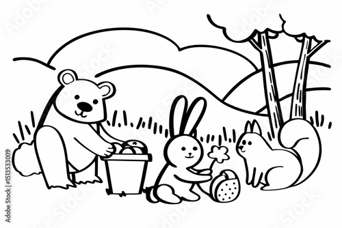 animals, cartoonish, friendly, thick outlines, no color