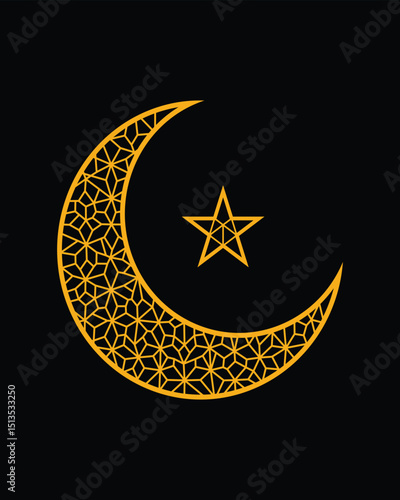 Geometric Vector Crescent Moon and Star Design on Black Background, Islamic Symbol