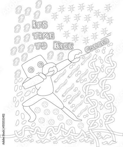Time to Kick Cancer - Coloring Page Illustration, Black and white line art illustration of a cartoon character with claw hands attacking abstract shapes representing cancer, with the text 'ITS TIME 
