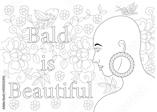 Bald is Beautiful - Cancer Awareness and Empowerment Line Art, An empowering line art illustration featuring a bald woman's profile surrounded by nature elements like flowers, a bird, and a 