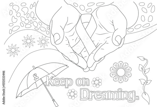 Fight Cancer Awareness Ribbon Line Art, Line art illustration depicting hands gently holding an awareness ribbon, symbolizing hope and support in the fight against cancer. The image includes 