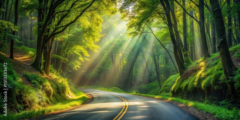 Obraz premium Serene Forest Road Sunlight Beams Through Lush Green Canopy, Winding Asphalt Path