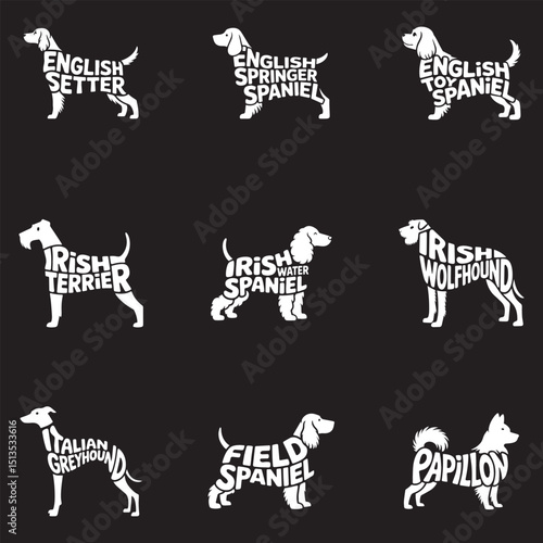 Dog breed illustration, Dog Breed Typography Silhouette Design, Dog silhouette with text Name inside Clipart pack

