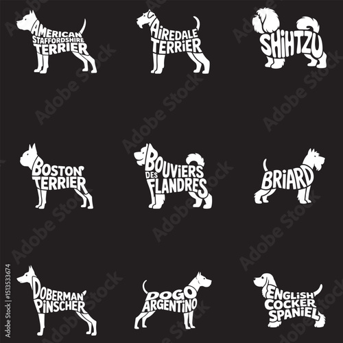 Dog breed illustration, Dog Breed Typography Silhouette Design, Dog silhouette with text Name inside Clipart collection
