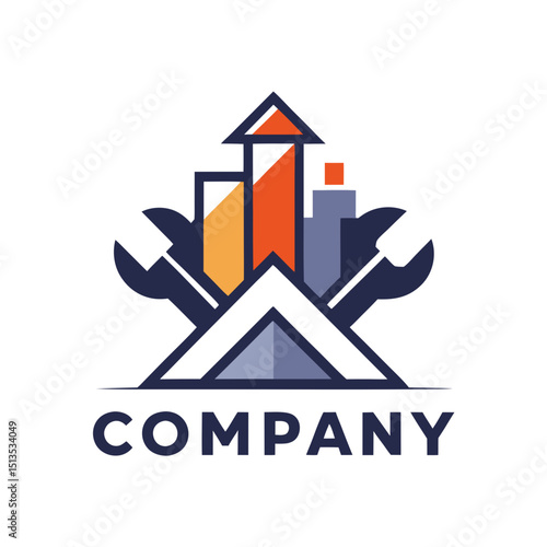 Modern industrial logo design with building and tools elements