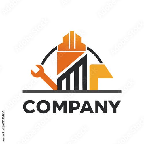 Construction and maintenance company logo with building and tools