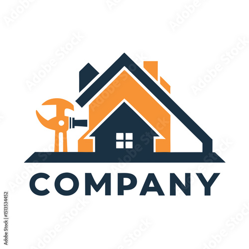 Abstract home repair company logo with wrench and roof