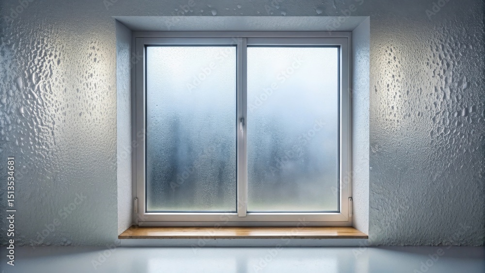 Fototapeta premium A foggy windowpane with condensation on the surrounding wall, showcasing the effects of humidity and temperature differences on a window frame and its sill.