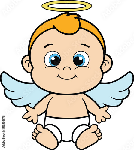 Cute Baby Angel with Wings and Halo Sitting Happily