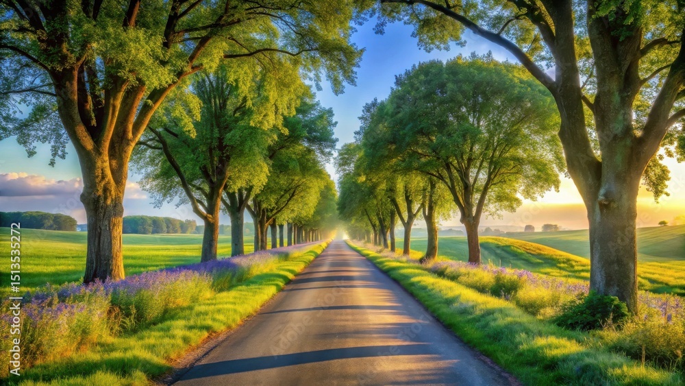 Obraz premium Serene Country Road Lined with Lush Green Trees and Vibrant Purple Flowers at Sunrise