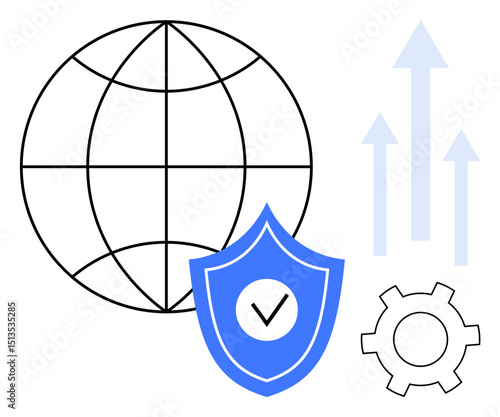 World globe, safety shield with check mark, arrows showing upward growth, gear icon symbolizing tools. Ideal for safety, business, technology, internet, progress development simple landing page