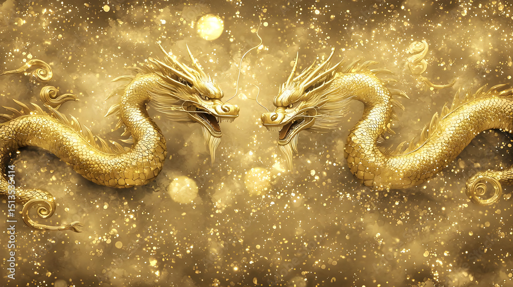 Majestic Golden Dragons Facing Each Other in a Celestial Background Majestic Golden Dragons Facing Each Other in a Celestial Background
