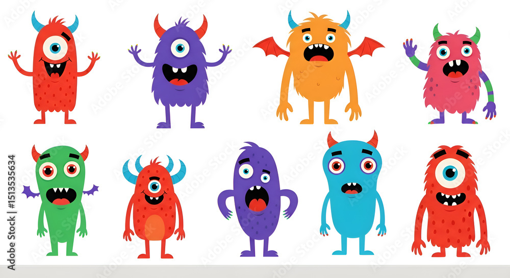 Obraz premium Funny monster wall sticker set in bold colors on a minimal white background