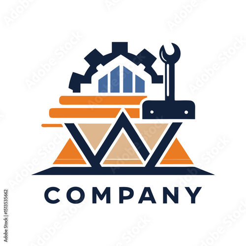 Engineering company logo design with gear and wrench element
