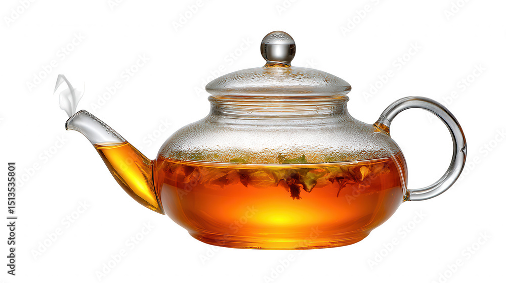 Glass teapot with herbal tea isolated on transparent background, PNG Glass teapot with herbal tea isolated on transparent background, PNG