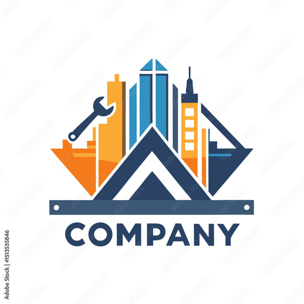 Obraz premium Construction and repair company logo with cityscape visual